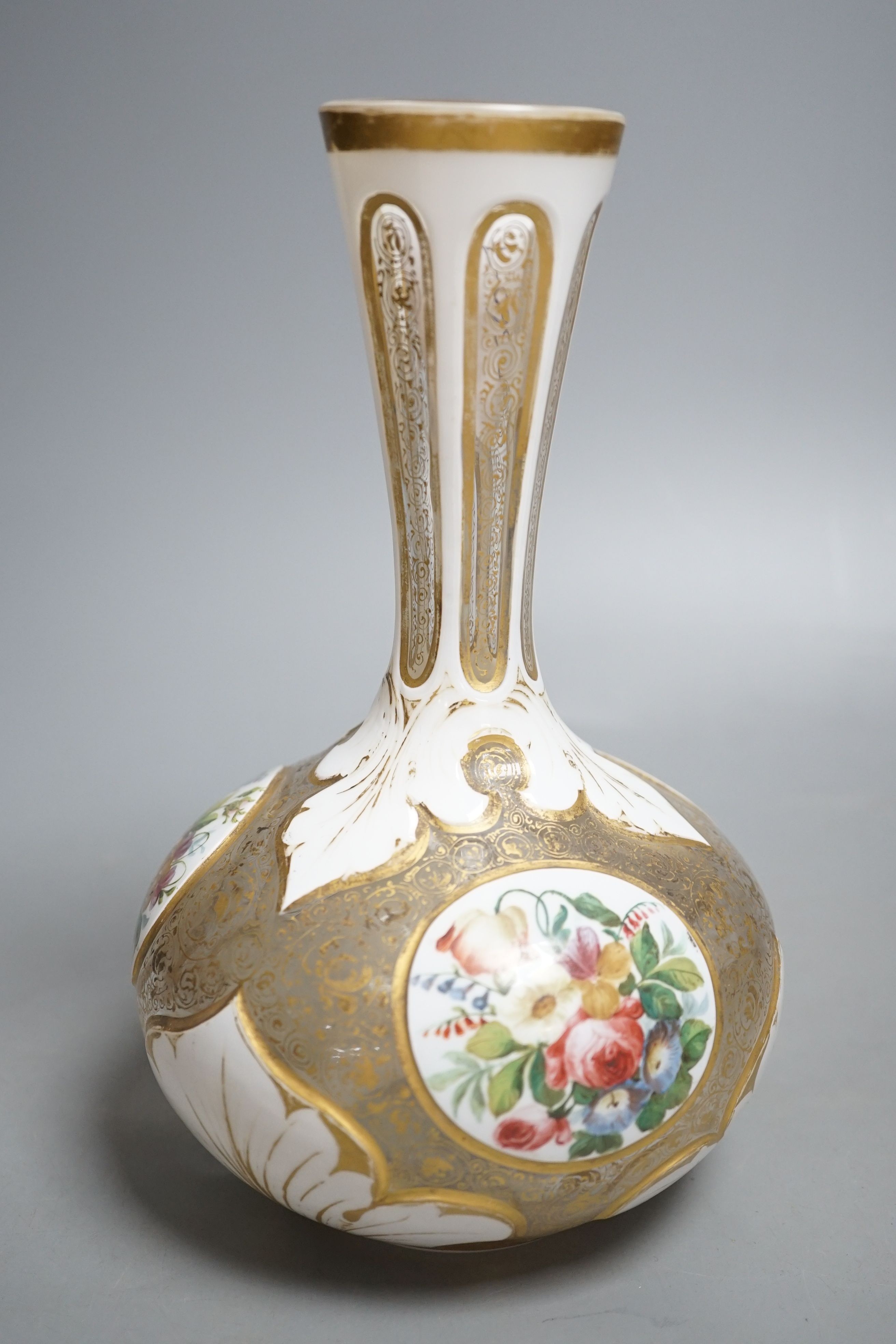 A 19th century Bohemian overlaid glass bottle vase, enamel painted panels - 22cm tall